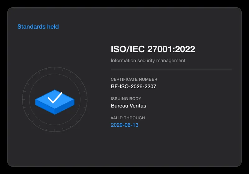 Dark certificate card for ISO/IEC 27001:2022 with a checkmark seal, certificate number, issuing body and valid-through date.