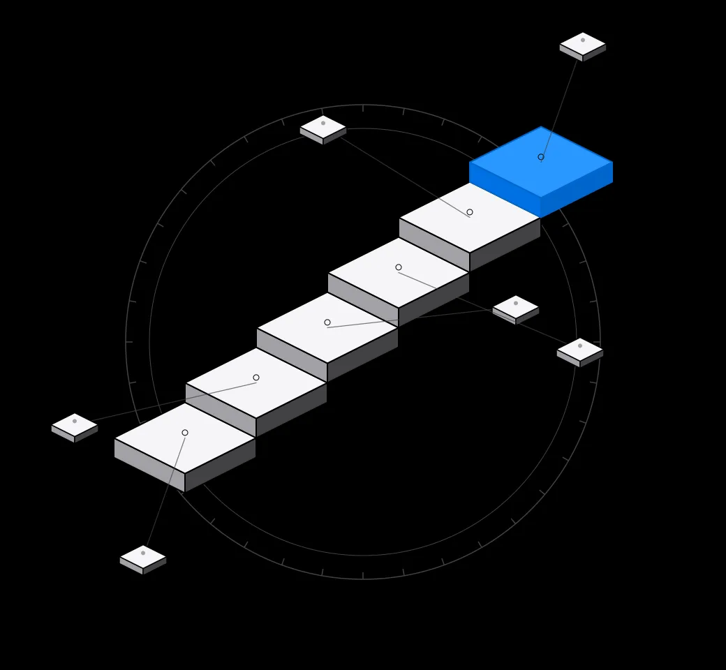 Black: a centred ticked double ring crossed by a rising stair of six tiles, topmost solid blue, six linked satellite tiles.